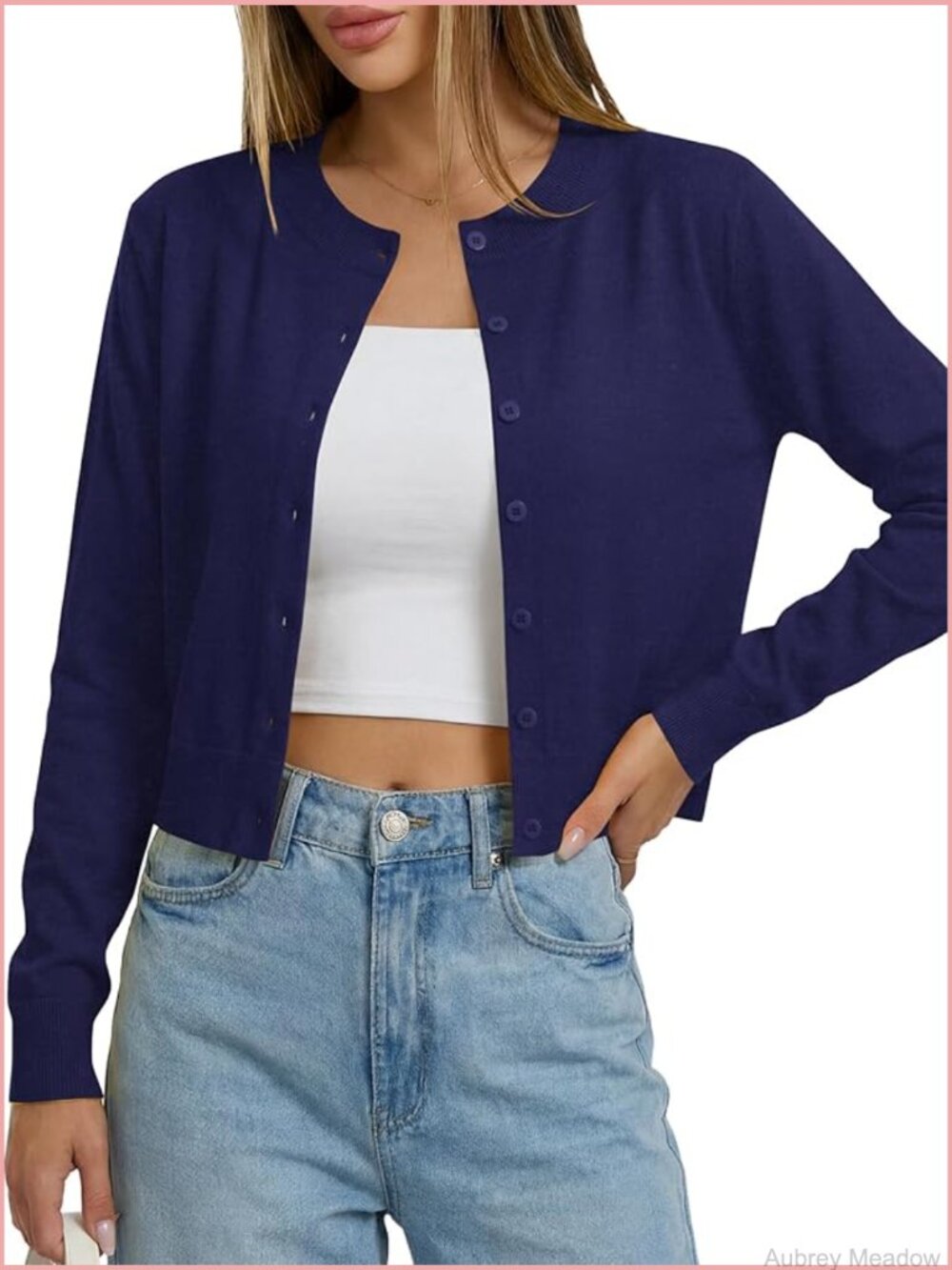 Cropped Cardigan Sweater Button Down Knit Long Sleeve Crew Neck